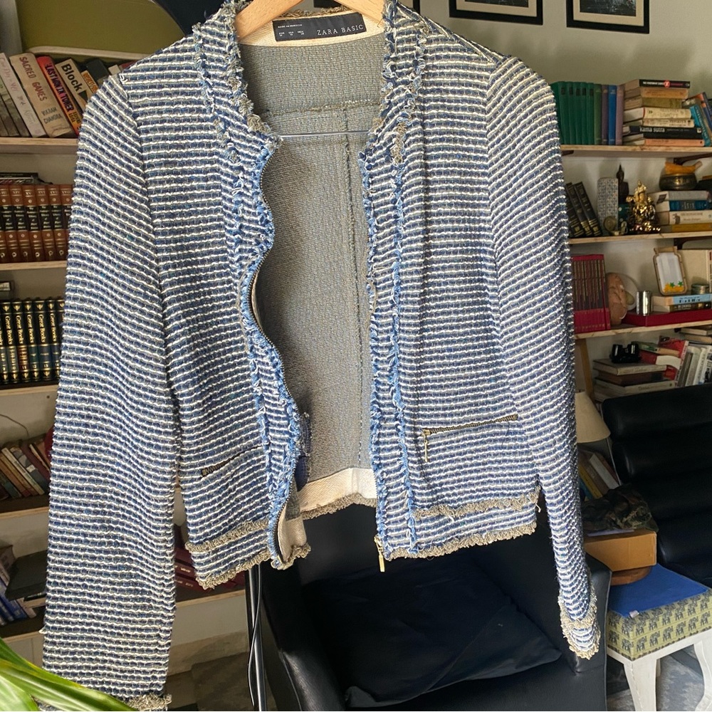 Zara Weave Crop Jacket in Blue & Sage - Picture 1 of 12